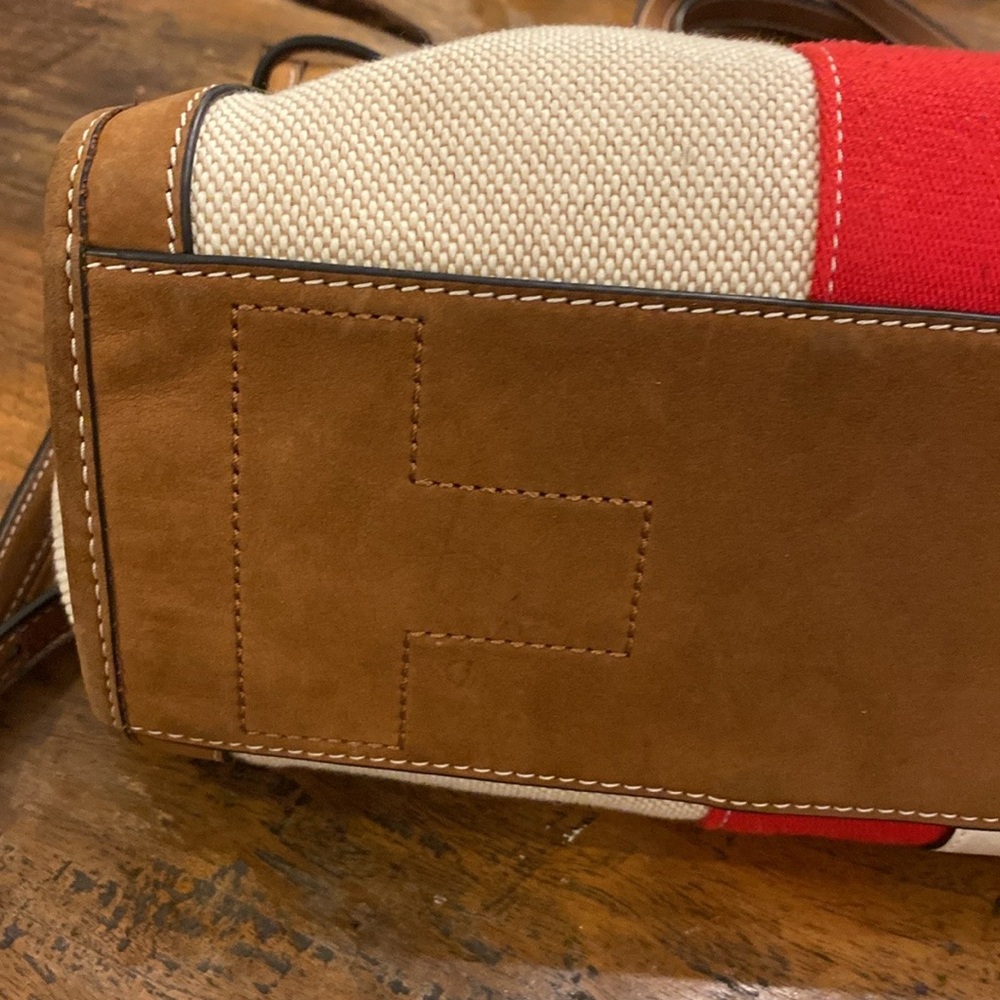 Tory Burch Canvas & Suede Center Stripe Satchel in Natural New Ivory Nut - Picture 8 of 16
